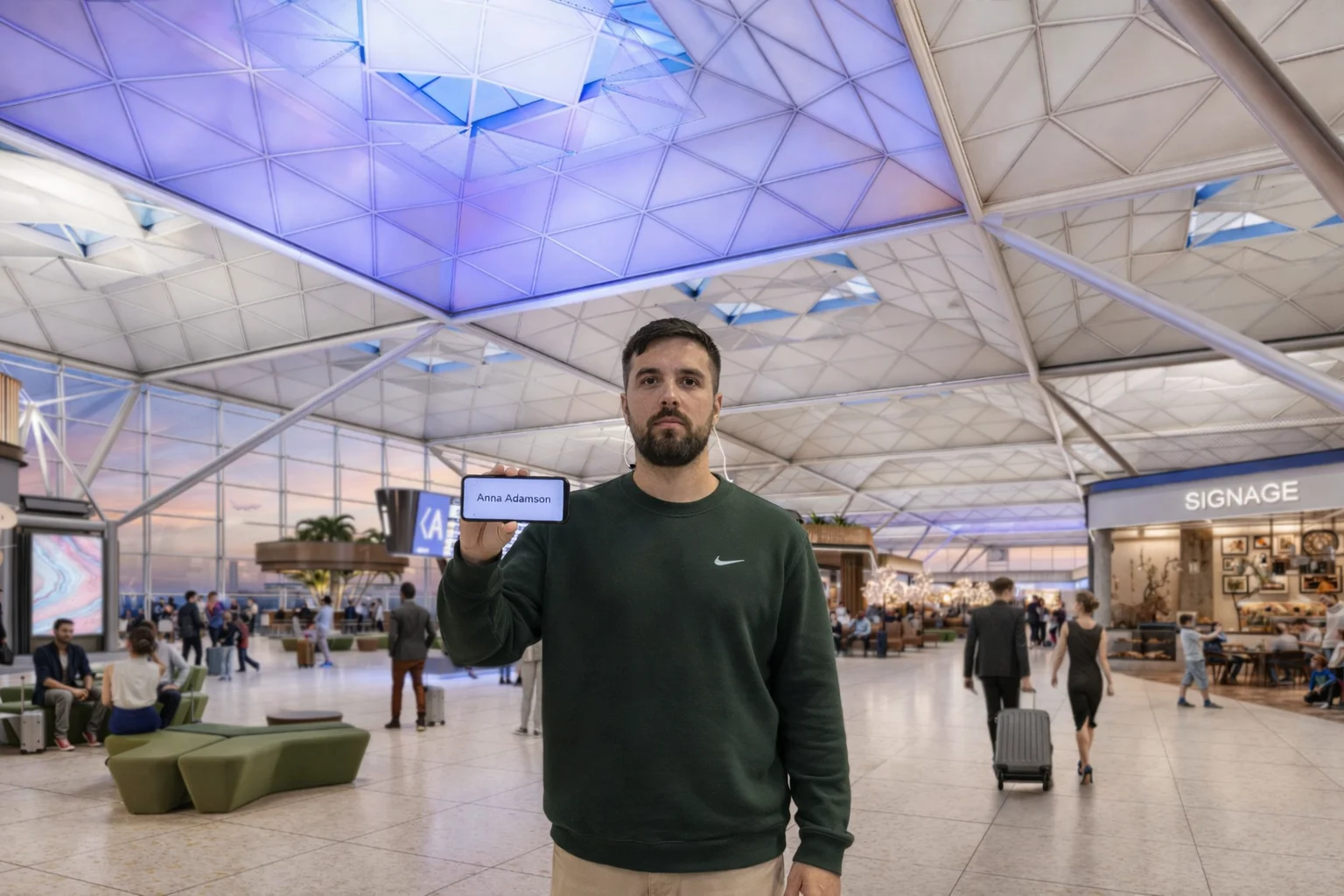 driver with name board at Stansted Airport terminal