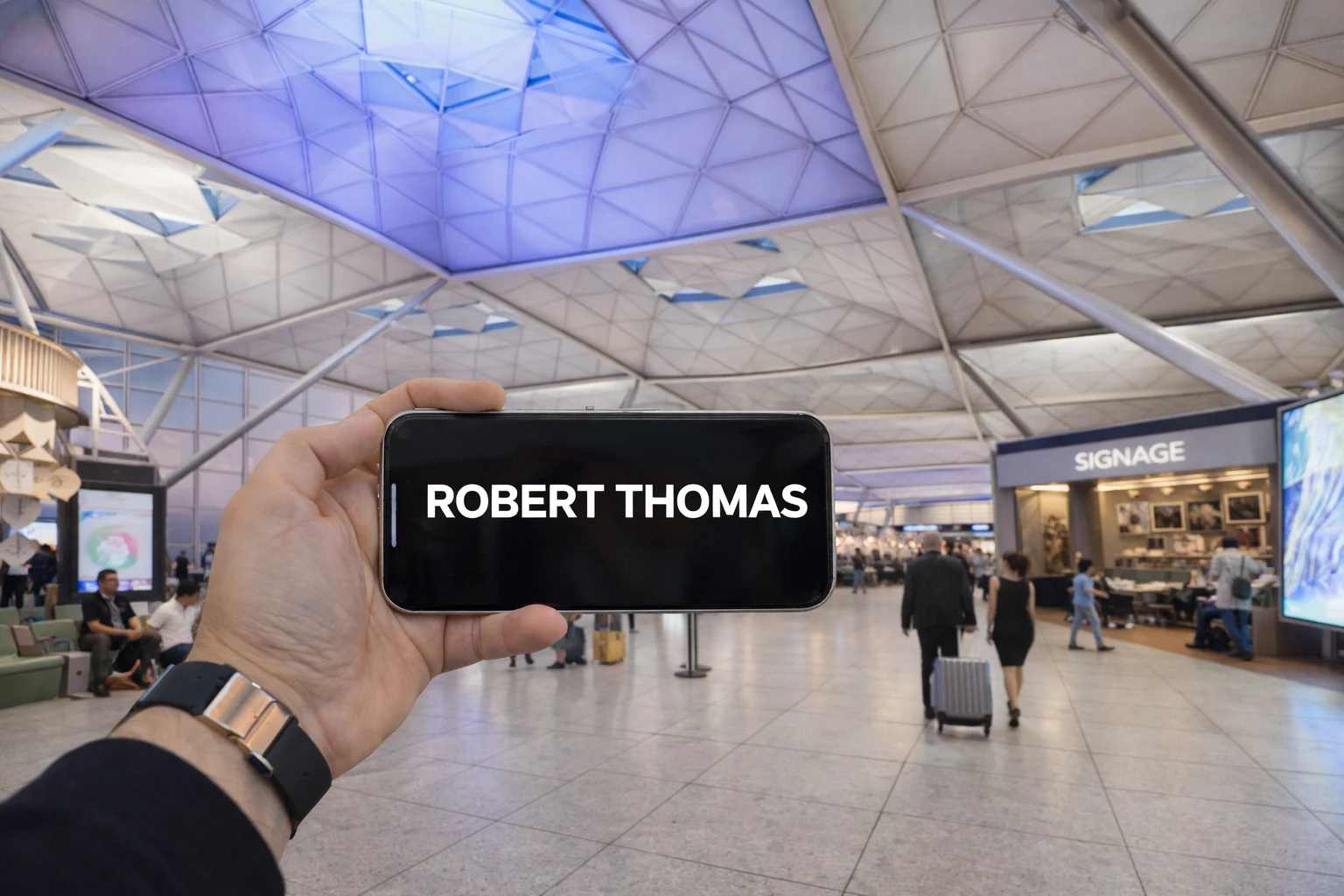 driver with name board at Stansted Airport