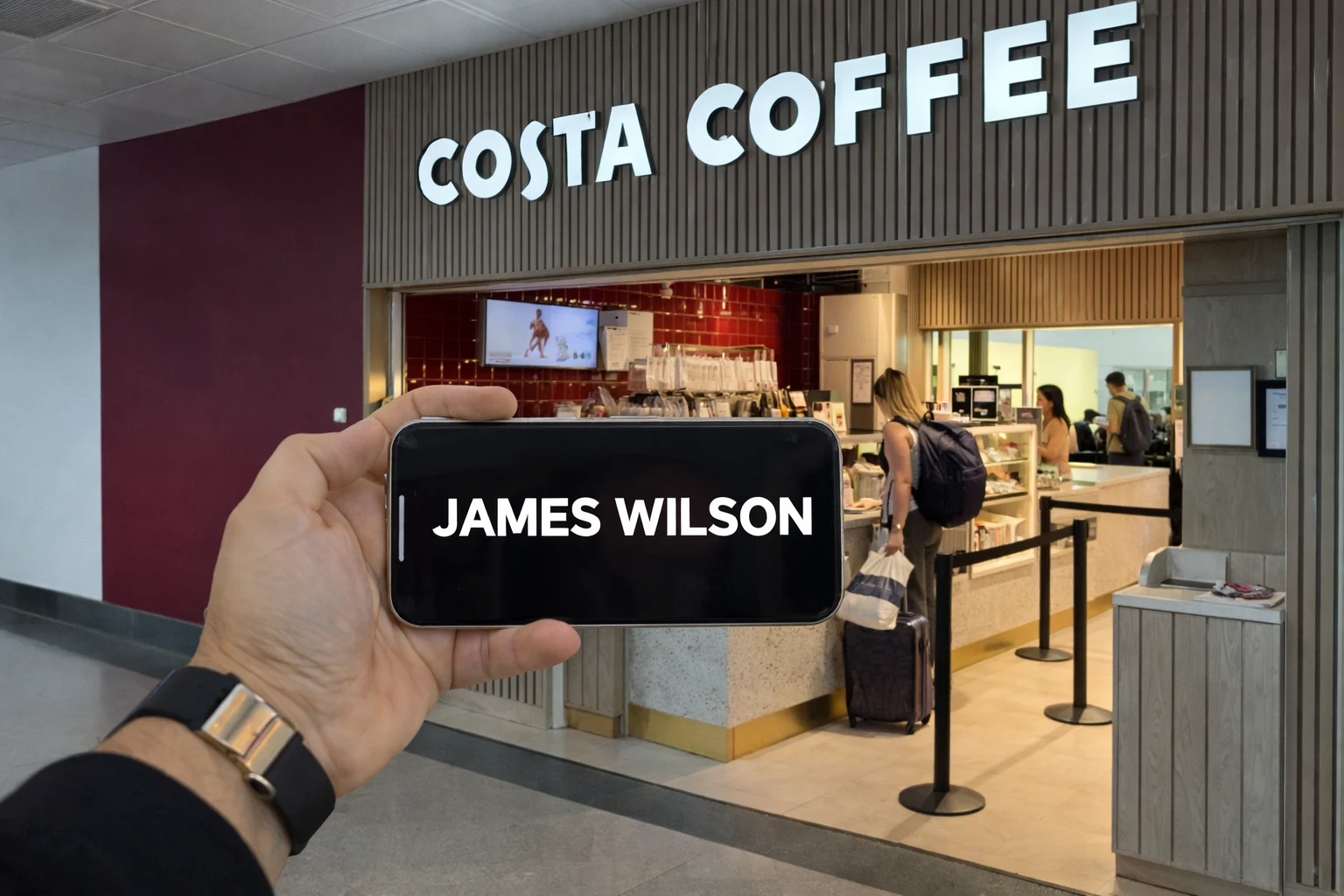 Driver with name board at Stansted Airport terminal