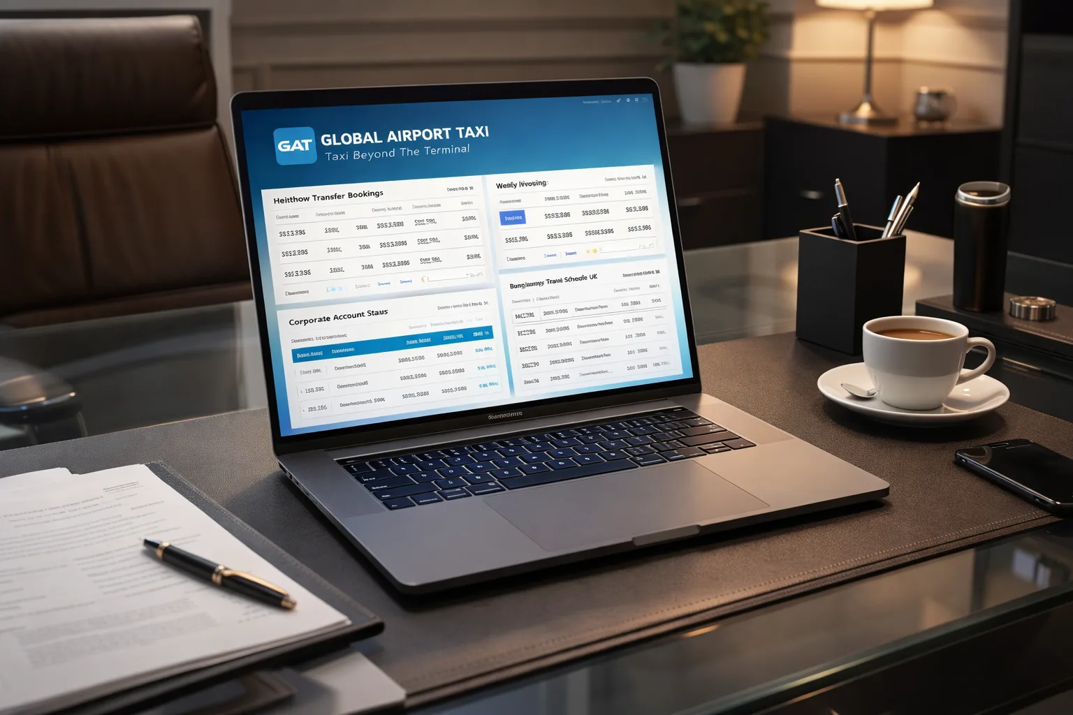 laptop open with Global Airport Taxi logo and details