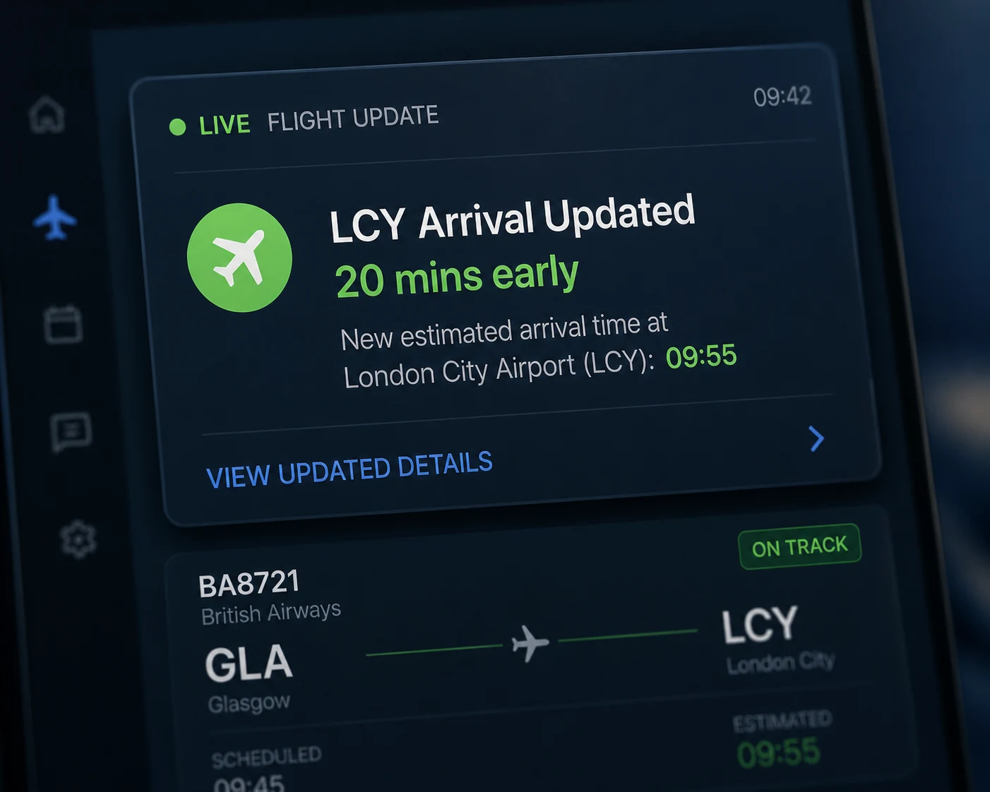 Flight status showing early arrival