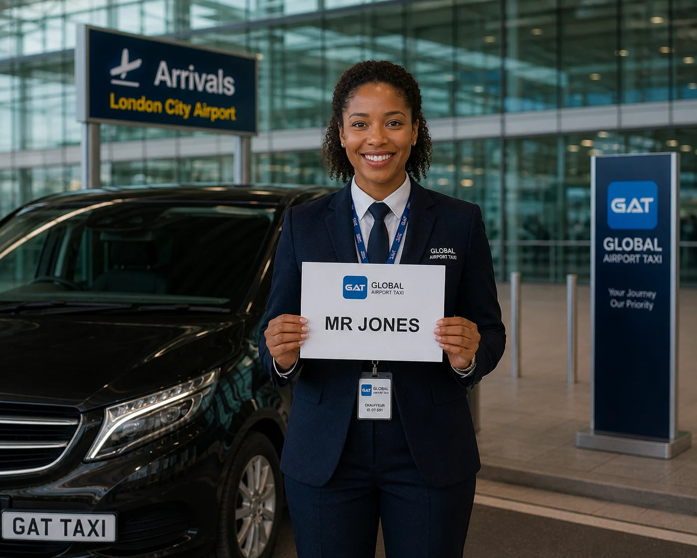 female driver standing with name board