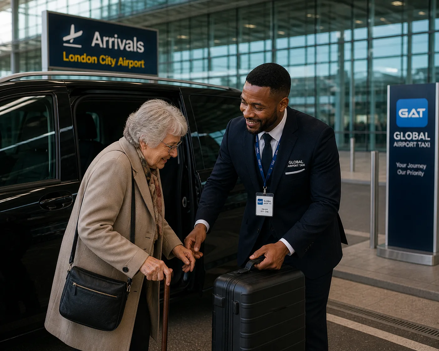 driver is helping an old passenger