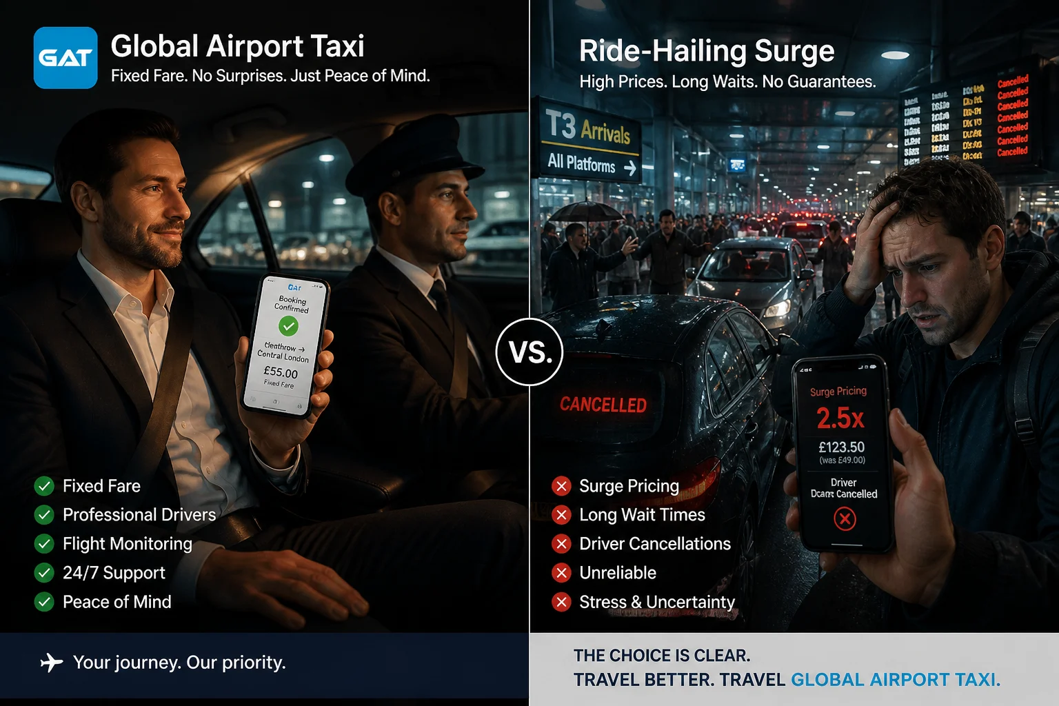 comparison between Global Airport Taxi and ride hailing apps