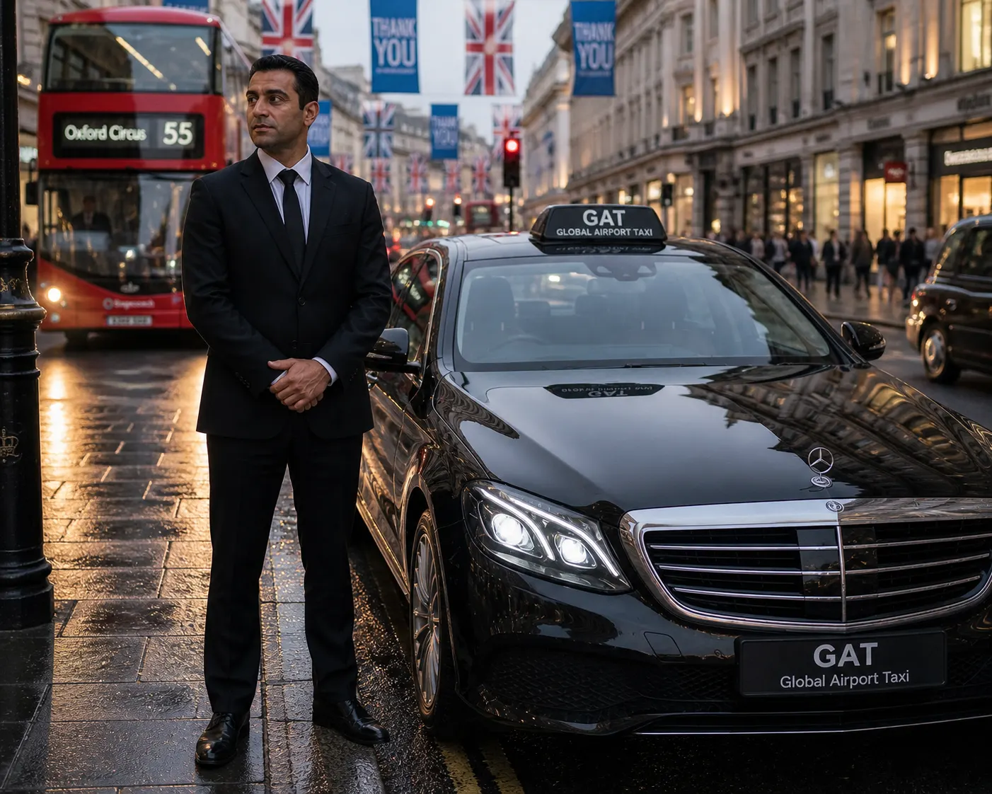driver standing with car at London City Airport