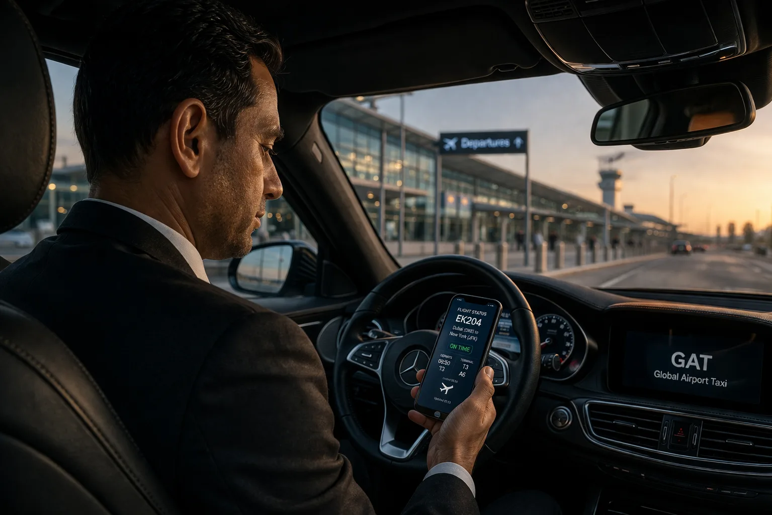 driver in the car looking on phone screen for flight status