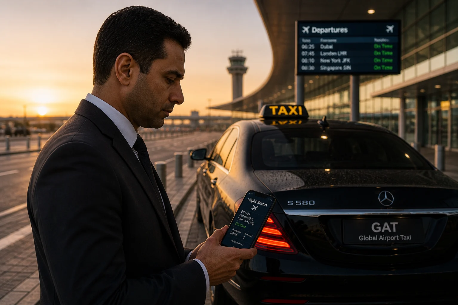 professional driver is checking flight arrival