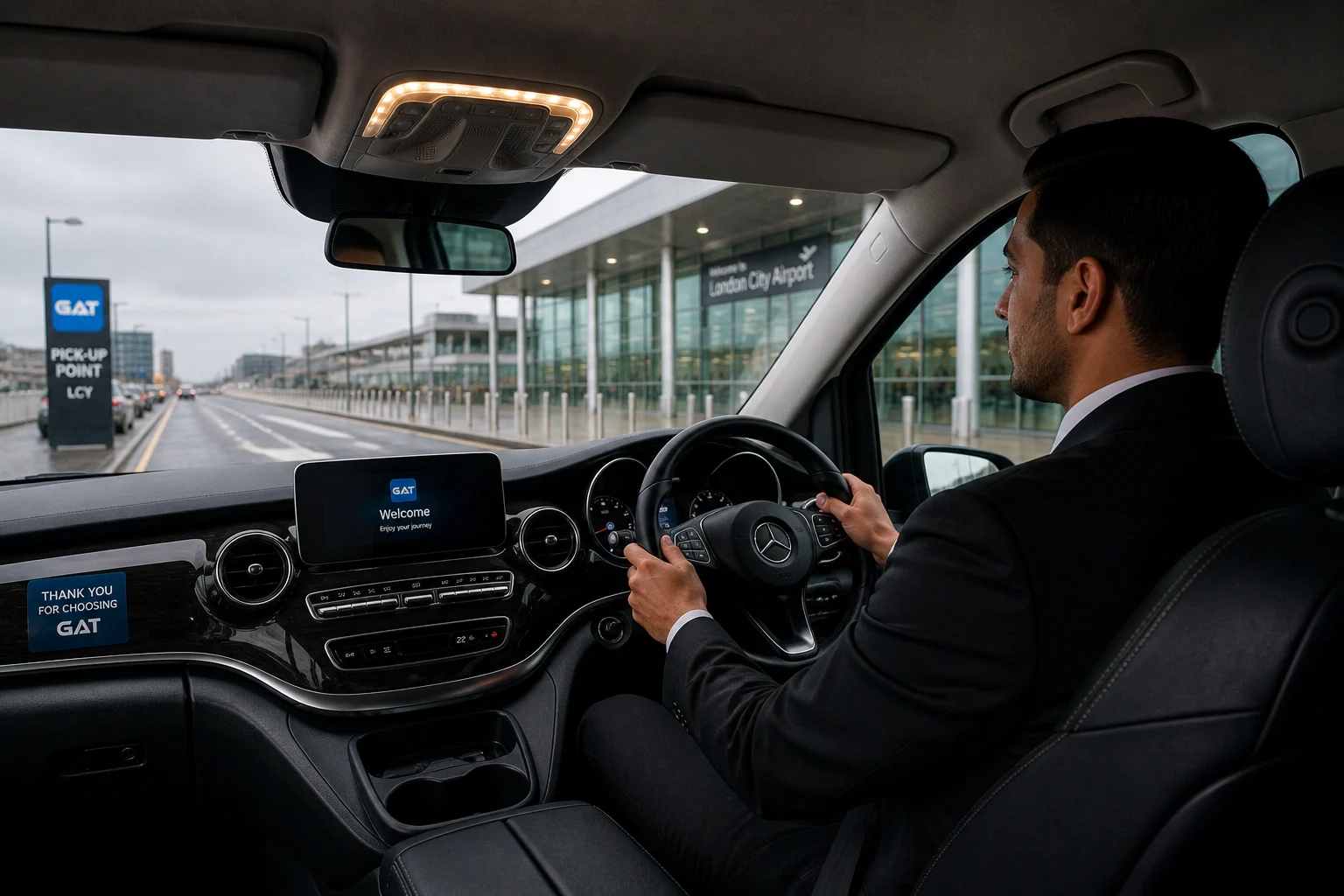 professional driver in the car outside the airport