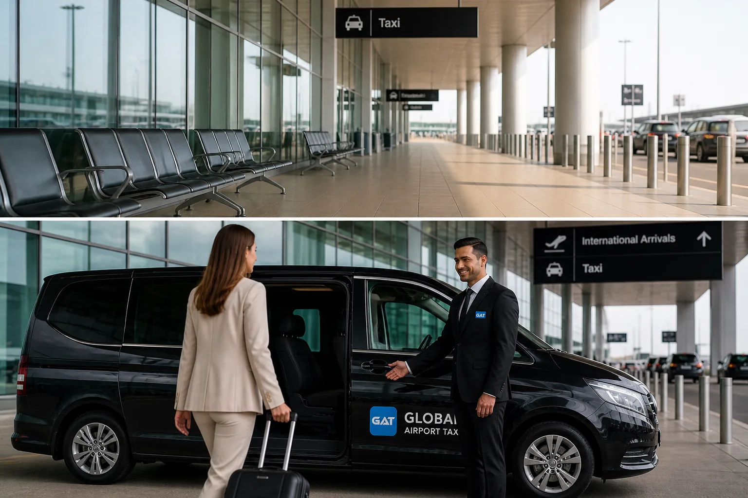 two slides shows the empty taxi stand and pre booked taxi waiting