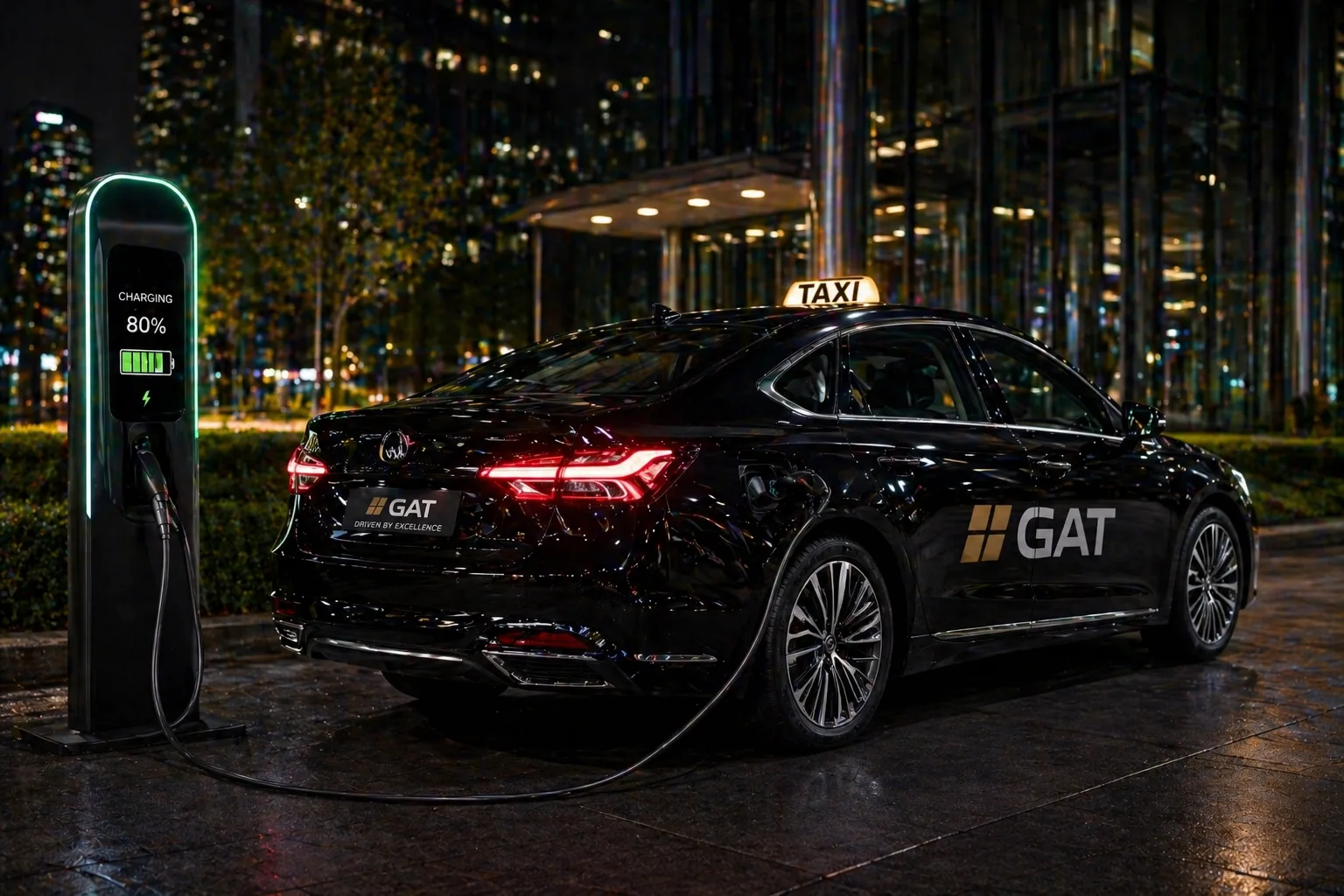 A GAt hybrid taxi is on charging