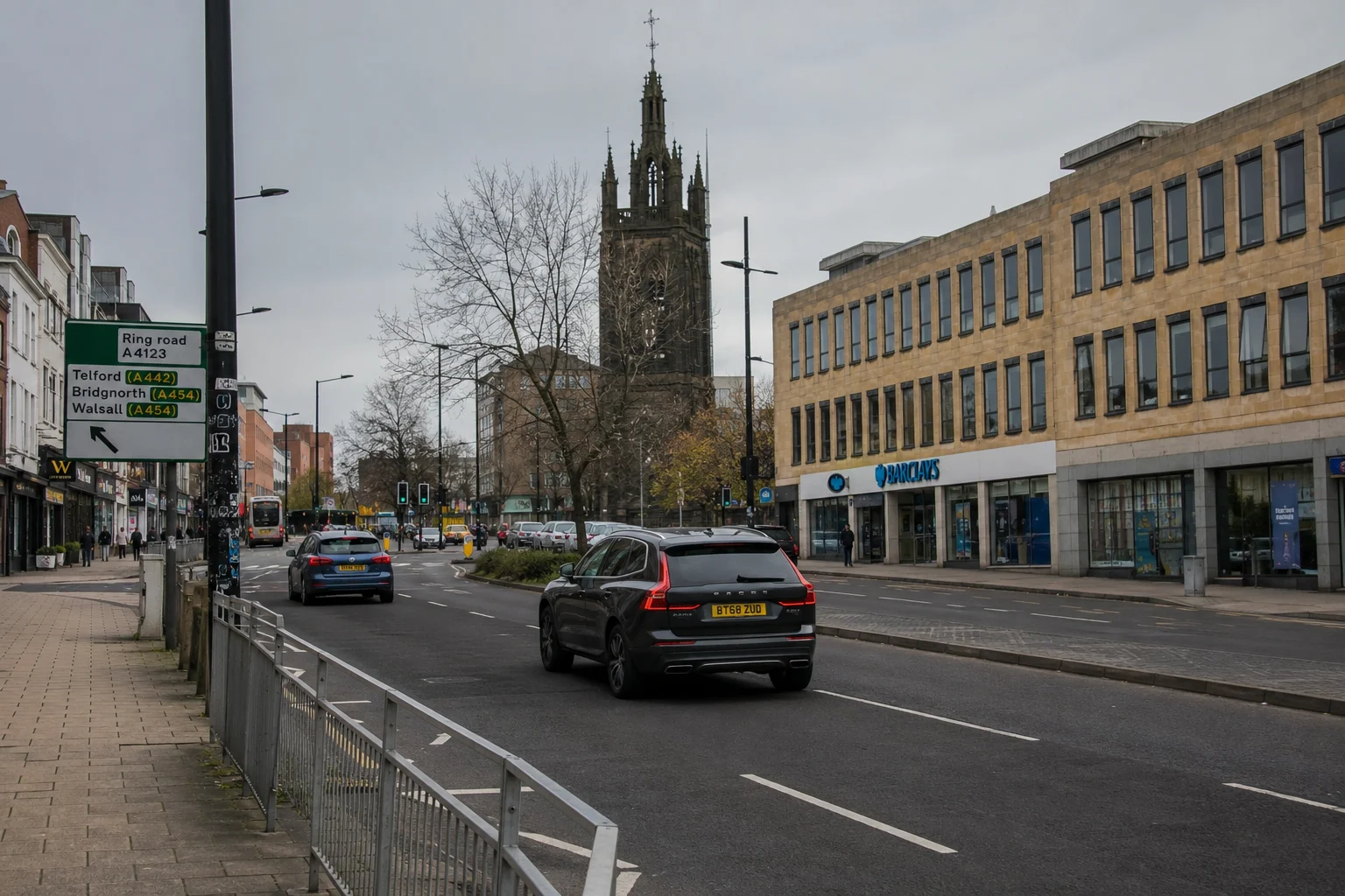 Urban street with church and traffic