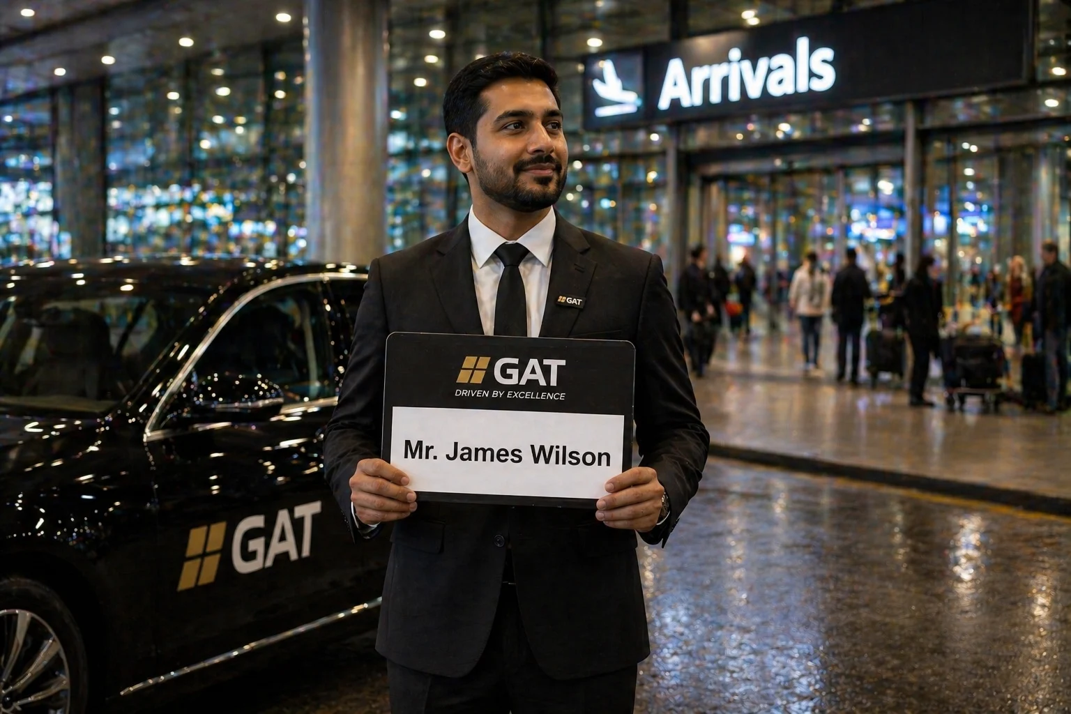 GAT driver holding name board