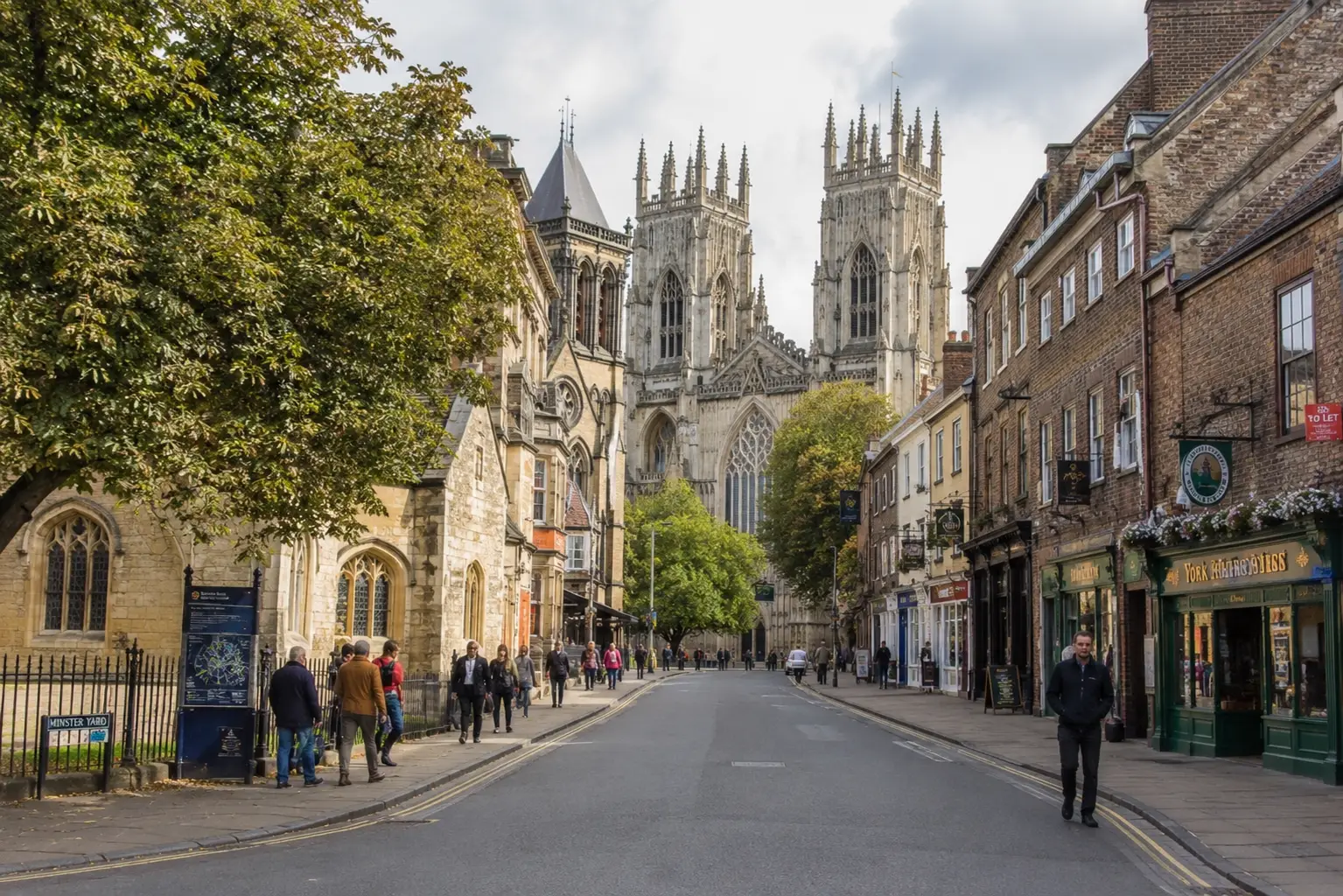 Historic city street with cathedral view