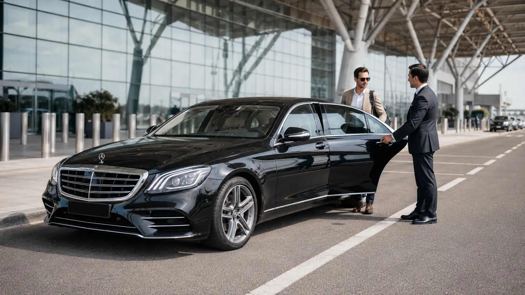 Executive chauffeur car waiting outside airport terminal