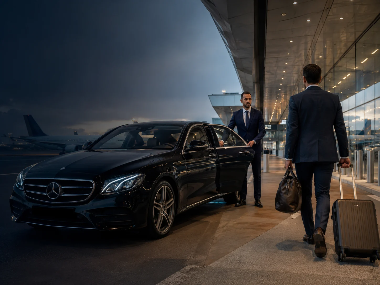 Executive chauffeur car waiting outside airport terminal