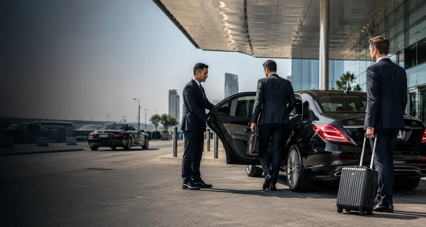 Business traveller entering executive car