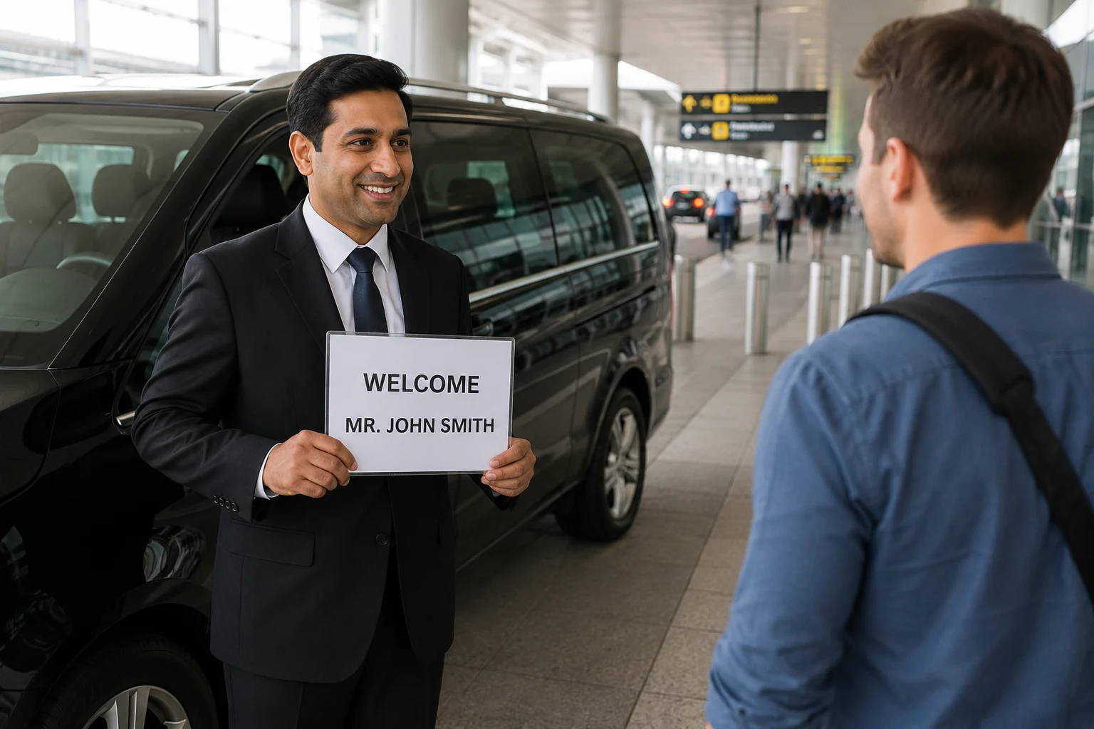 Chauffeur with name board meeting a group at airport arrivals beside a 7 seater people carrier