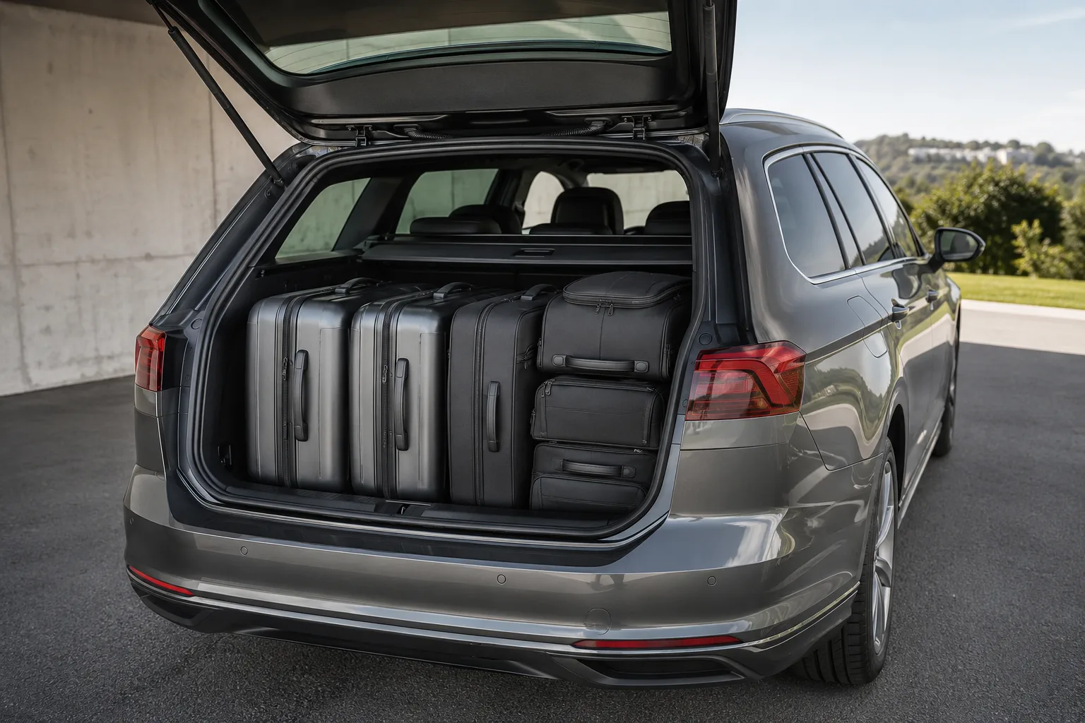Estate car boot with 3 large suitcases and 3 cabin bags