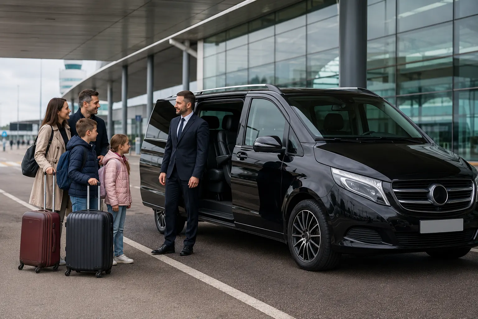 Family with children and suitcases boarding a spacious 7 seater people carrier