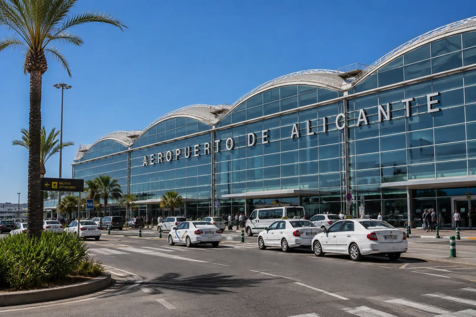Alicante Airport taxi waiting outside the arrivals hall at Alicante–Elche Airport (ALC)