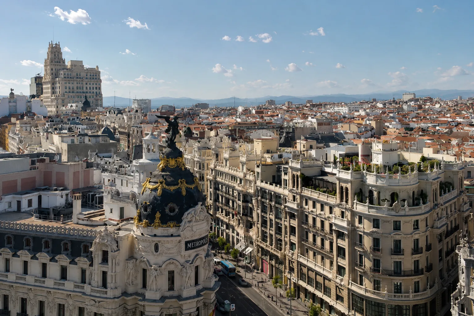 Madrid Gran Via cityscape with historic buildings and taxis