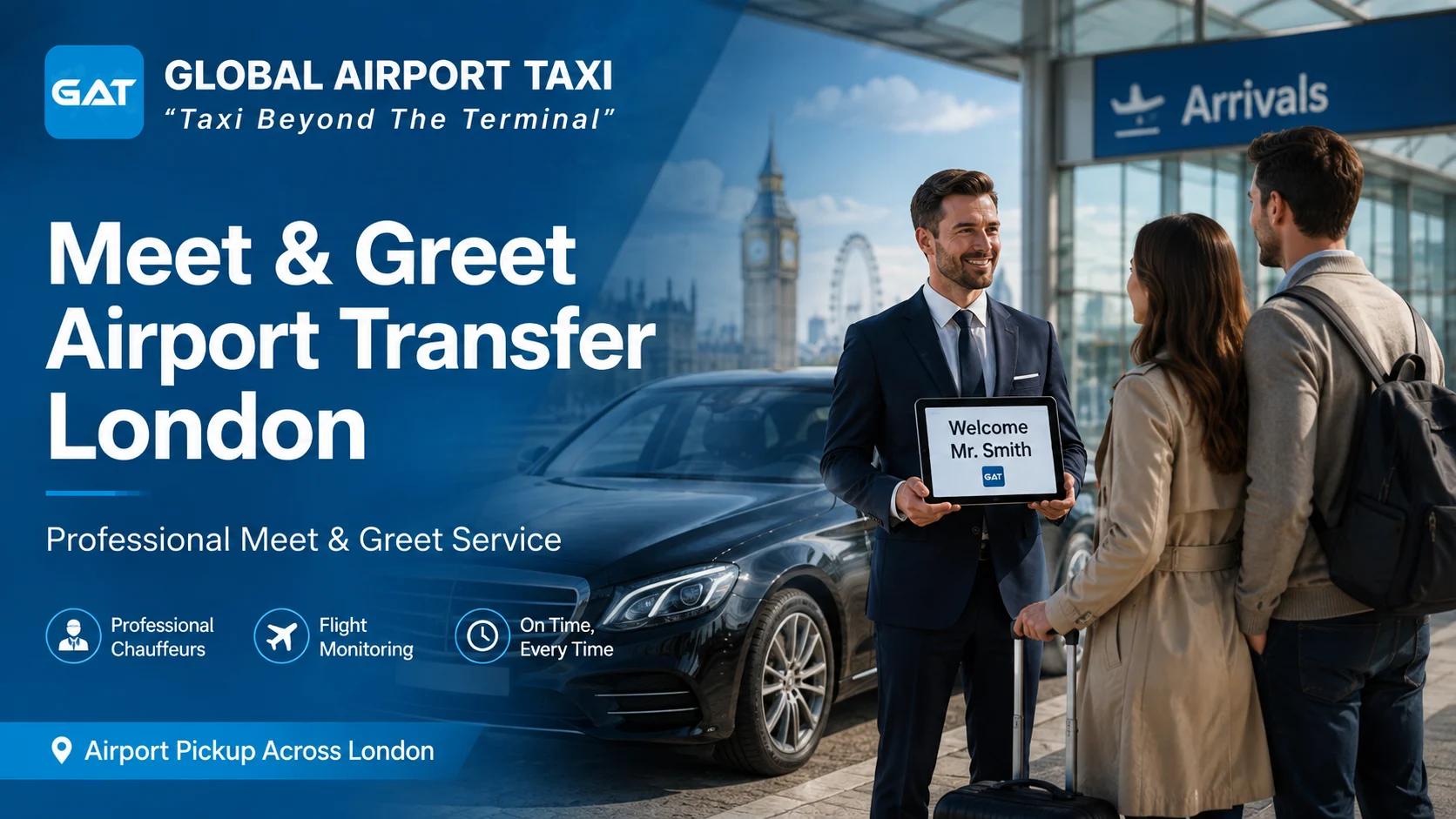 Professional driver holding a name board for a meet and greet airport service in London