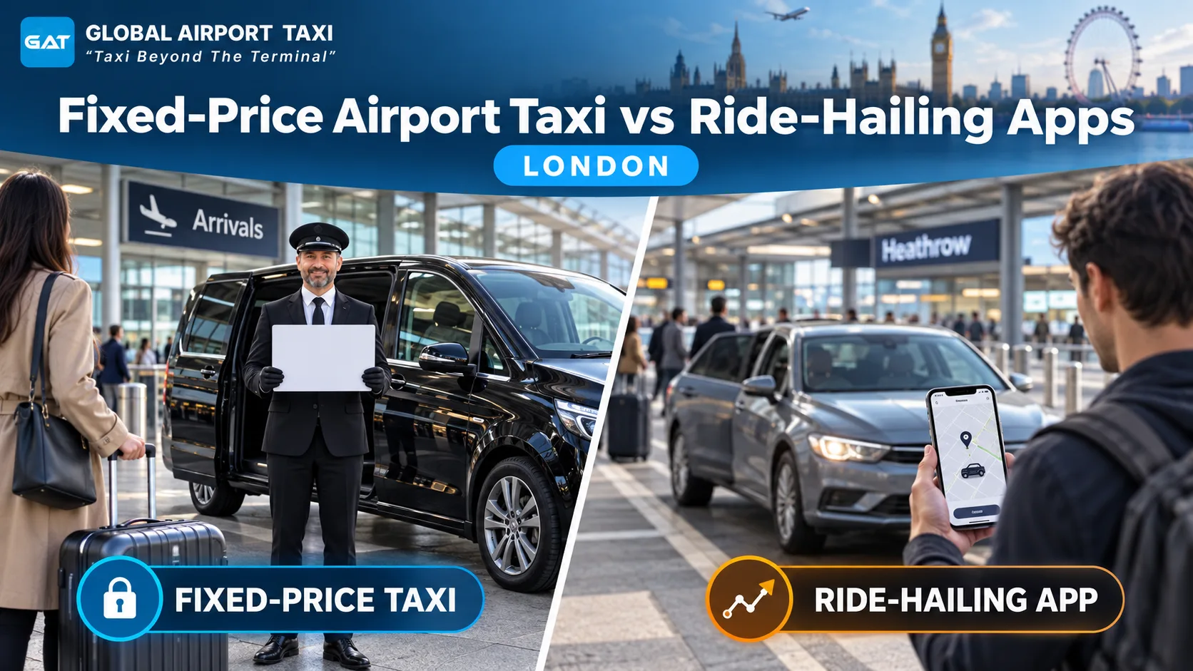 London airport taxi passenger loading luggage, compared with a ride-hailing app pickup