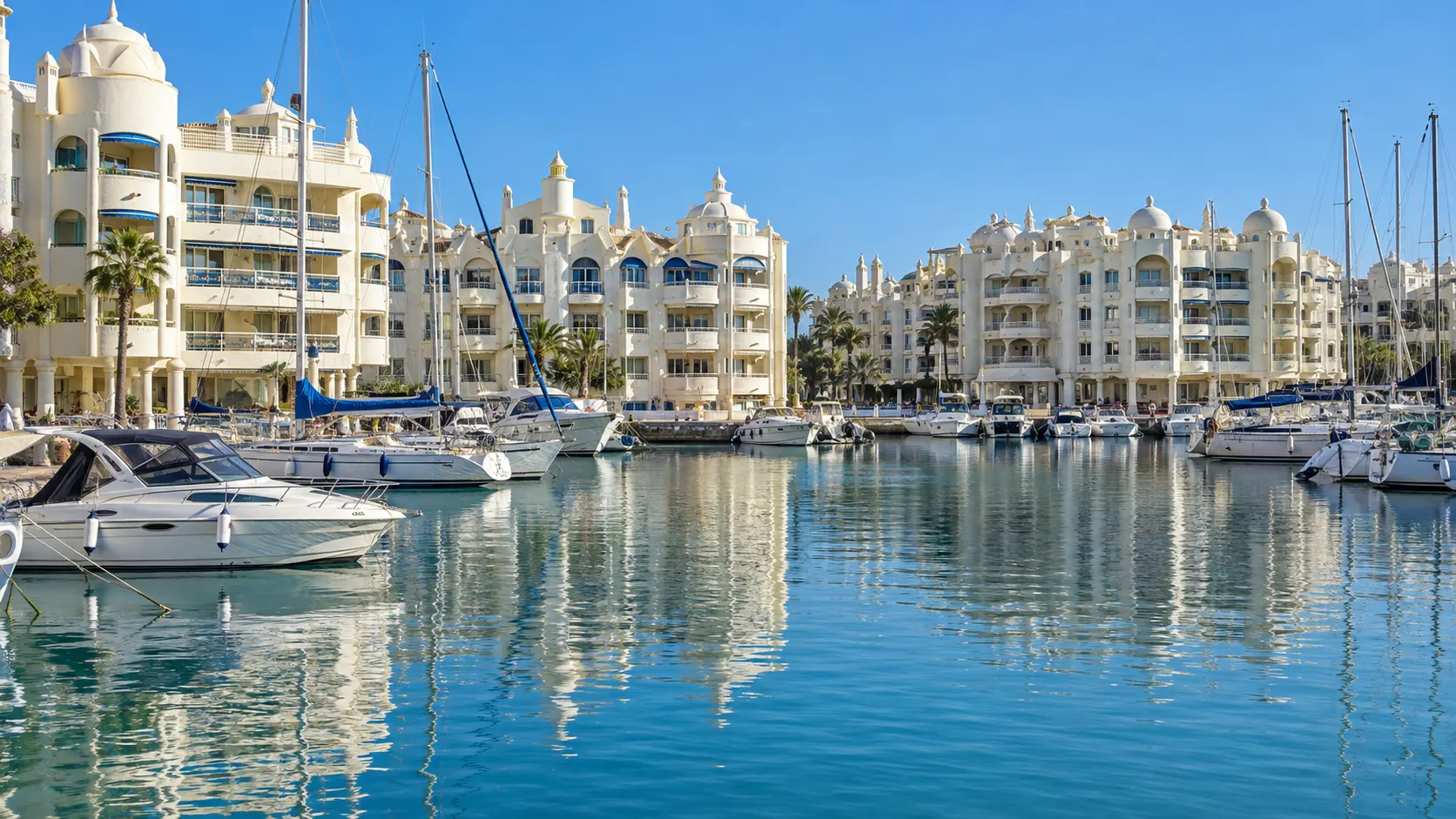 Benalmádena Puerto Marina with white apartment blocks and moored boats