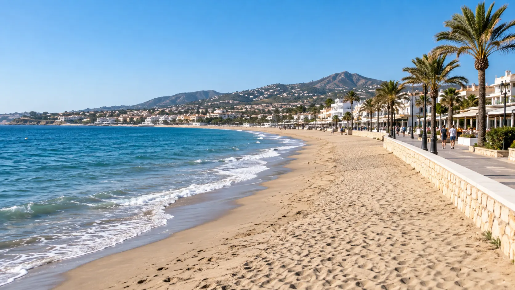 La Cala de Mijas beach and seafront promenade with the Mijas hills behind