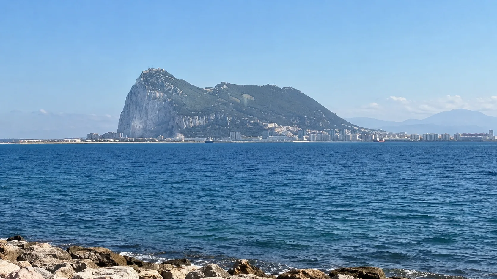 The Rock of Gibraltar seen across the bay from the Spanish side