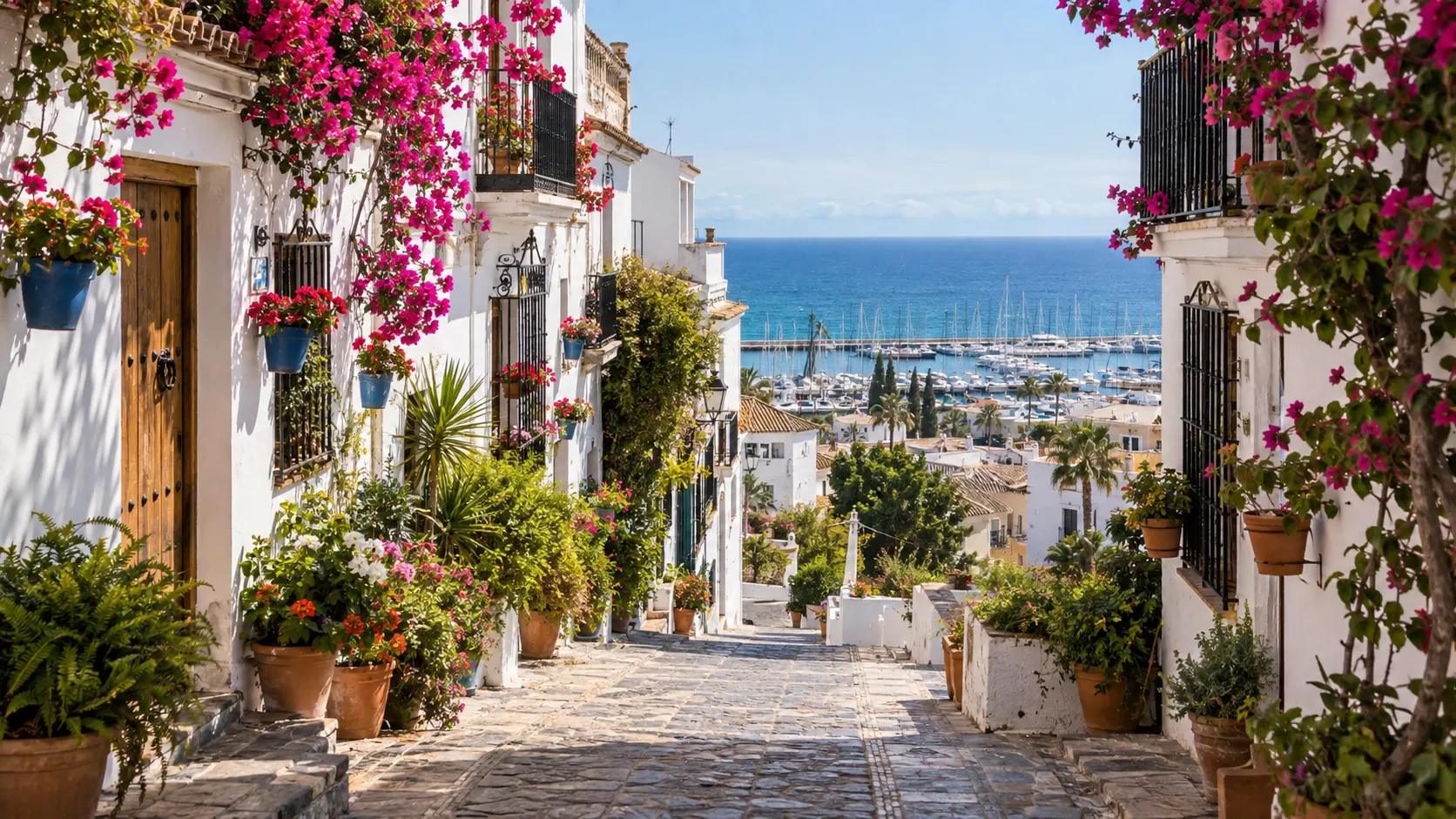 Estepona old town, flower-lined streets and the marina beyond