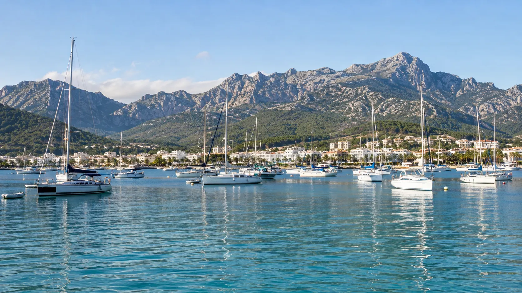 The bay at Port de Pollença with the Serra de Tramuntana rising behind the marina, northern Mallorca