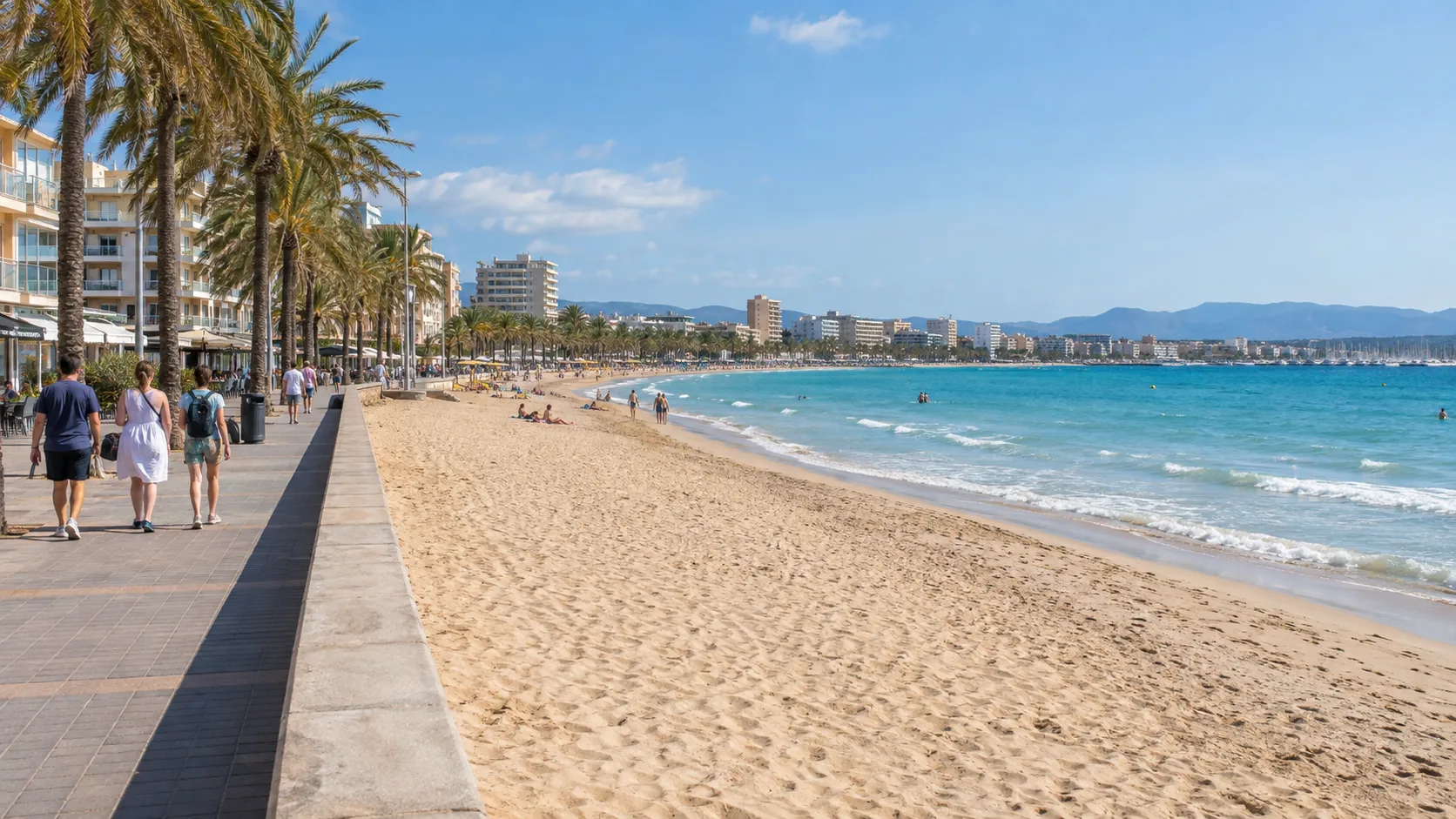 The promenade and beach at Playa de Palma looking towards S'Arenal, Mallorca