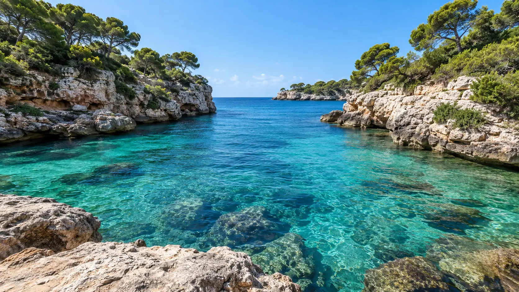 The long sandy bay and seafront promenade at Cala Millor on Mallorca's east coast