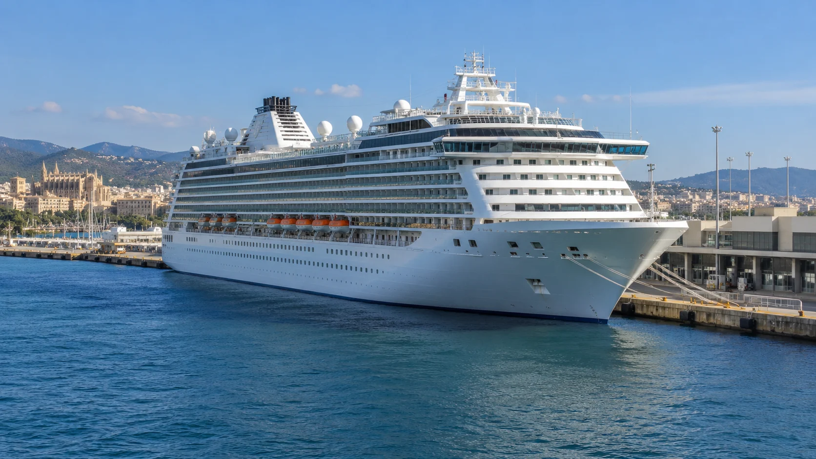 A cruise ship berthed at the Estació Marítima on the Moll de Ponent, Palma de Mallorca