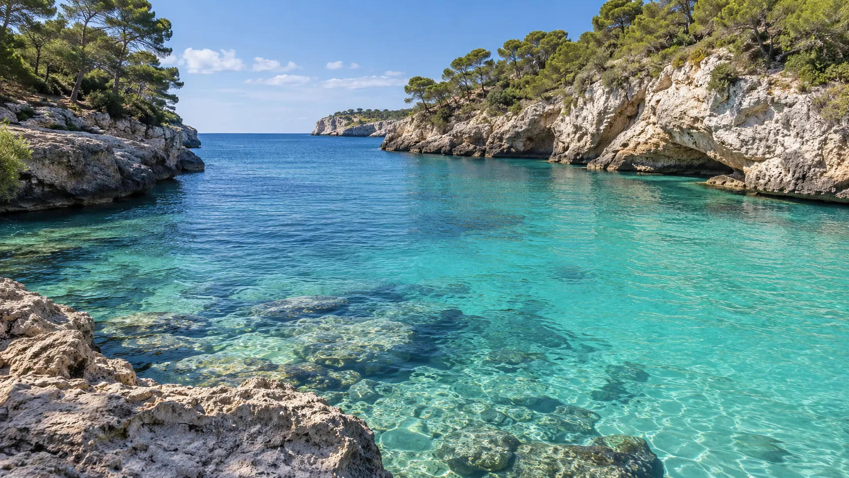 Turquoise water and white cliffs at one of the coves in Cala d'Or, south-east Mallorca