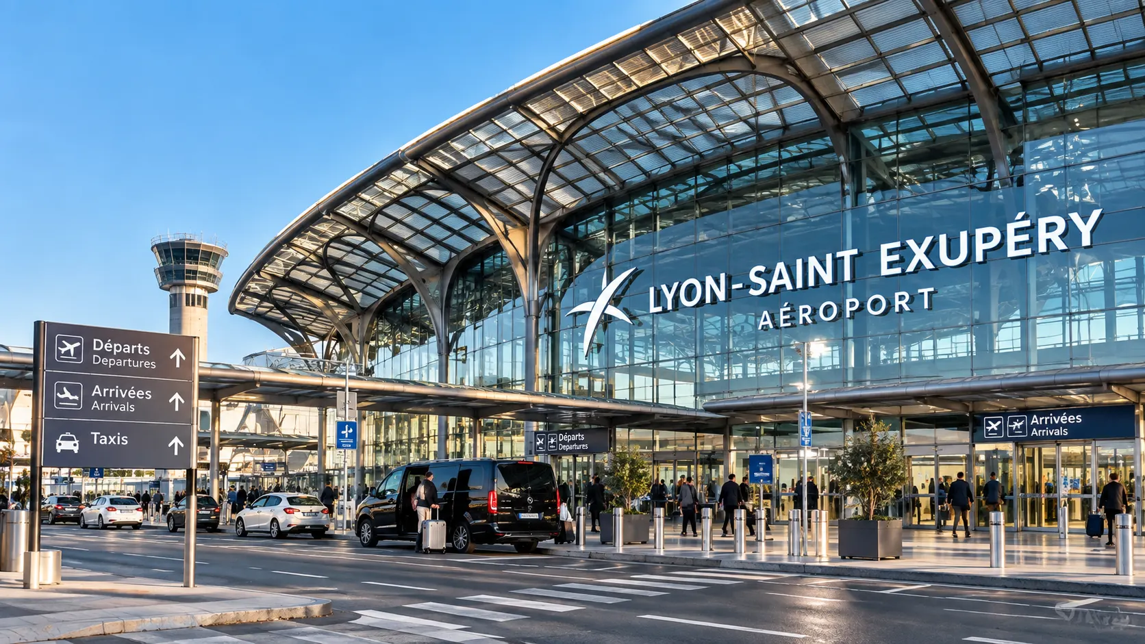 Private transfer car waiting outside arrivals at Lyon Saint-Exupéry Airport