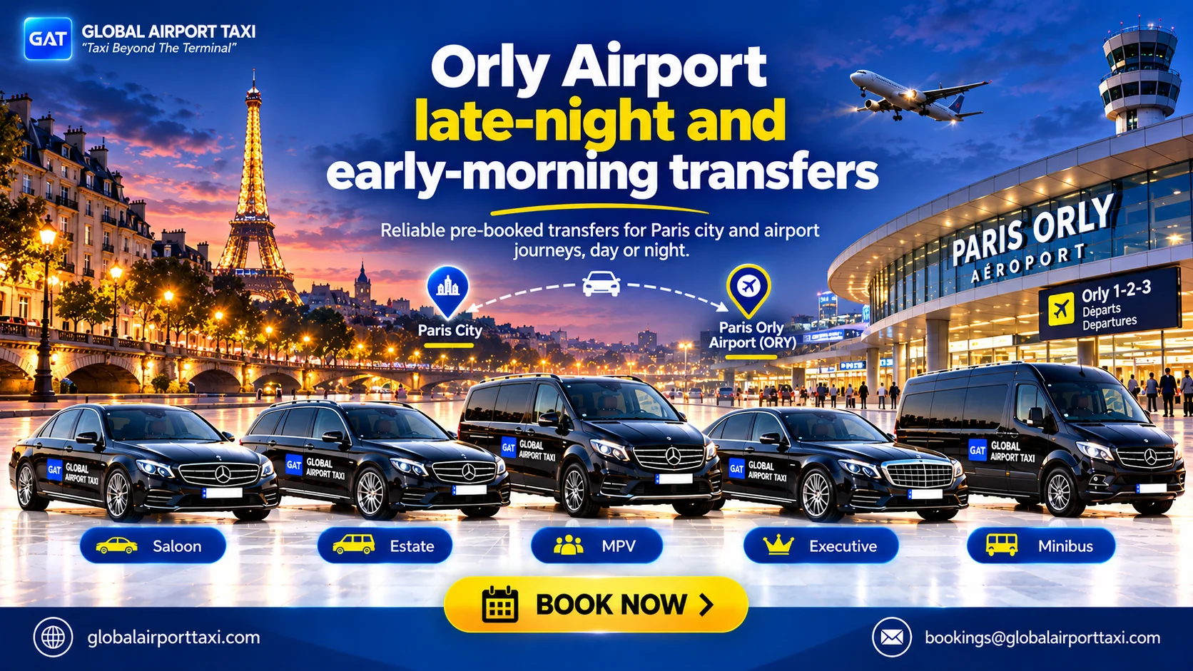Paris to Orly Airport transfers, day or night