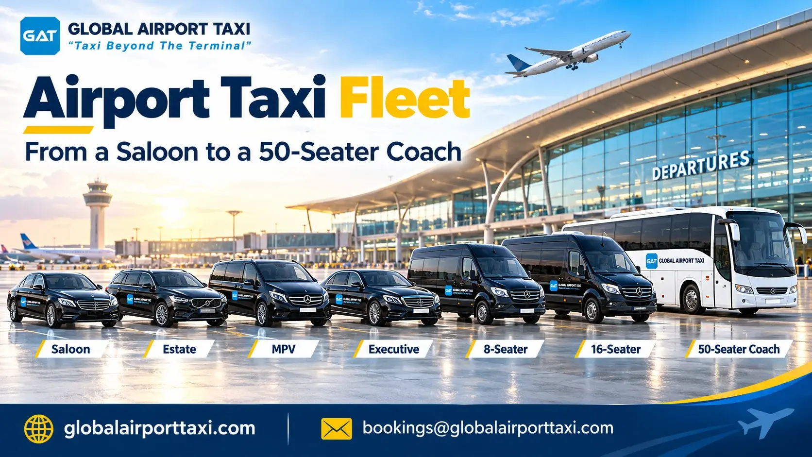 Airport taxi fleet in the UK and worldwide, from a saloon to a coach