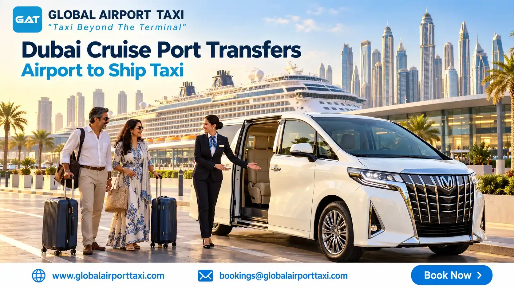 A luxury transfer vehicle at a cruise port in Dubai
