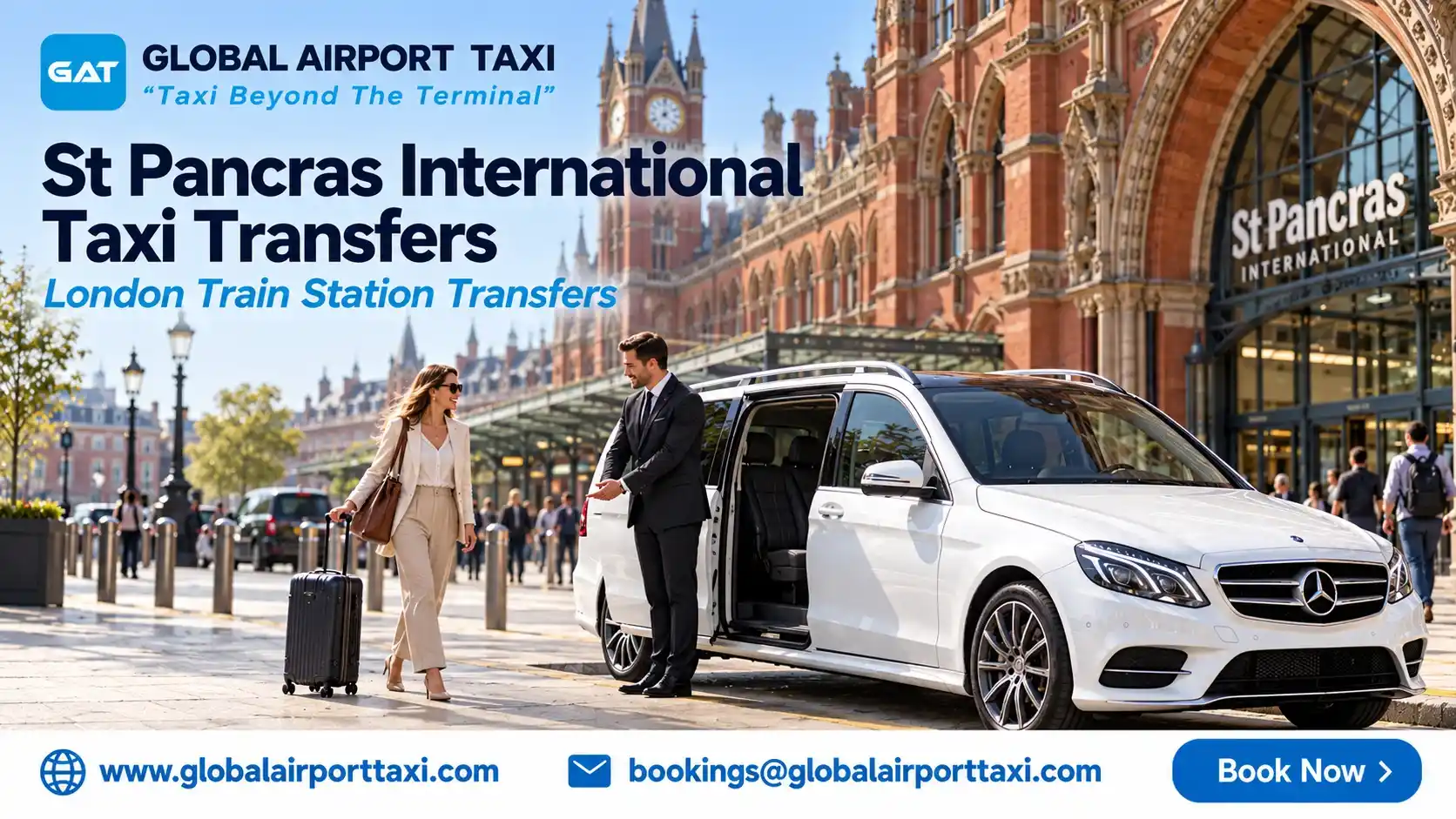 A luxury transfer vehicle outside London St Pancras International