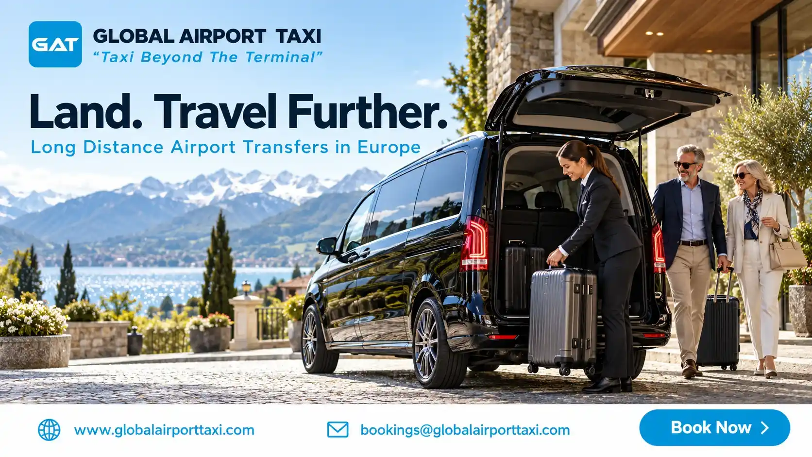 A luxury airport transfer vehicle beside an Alpine lake