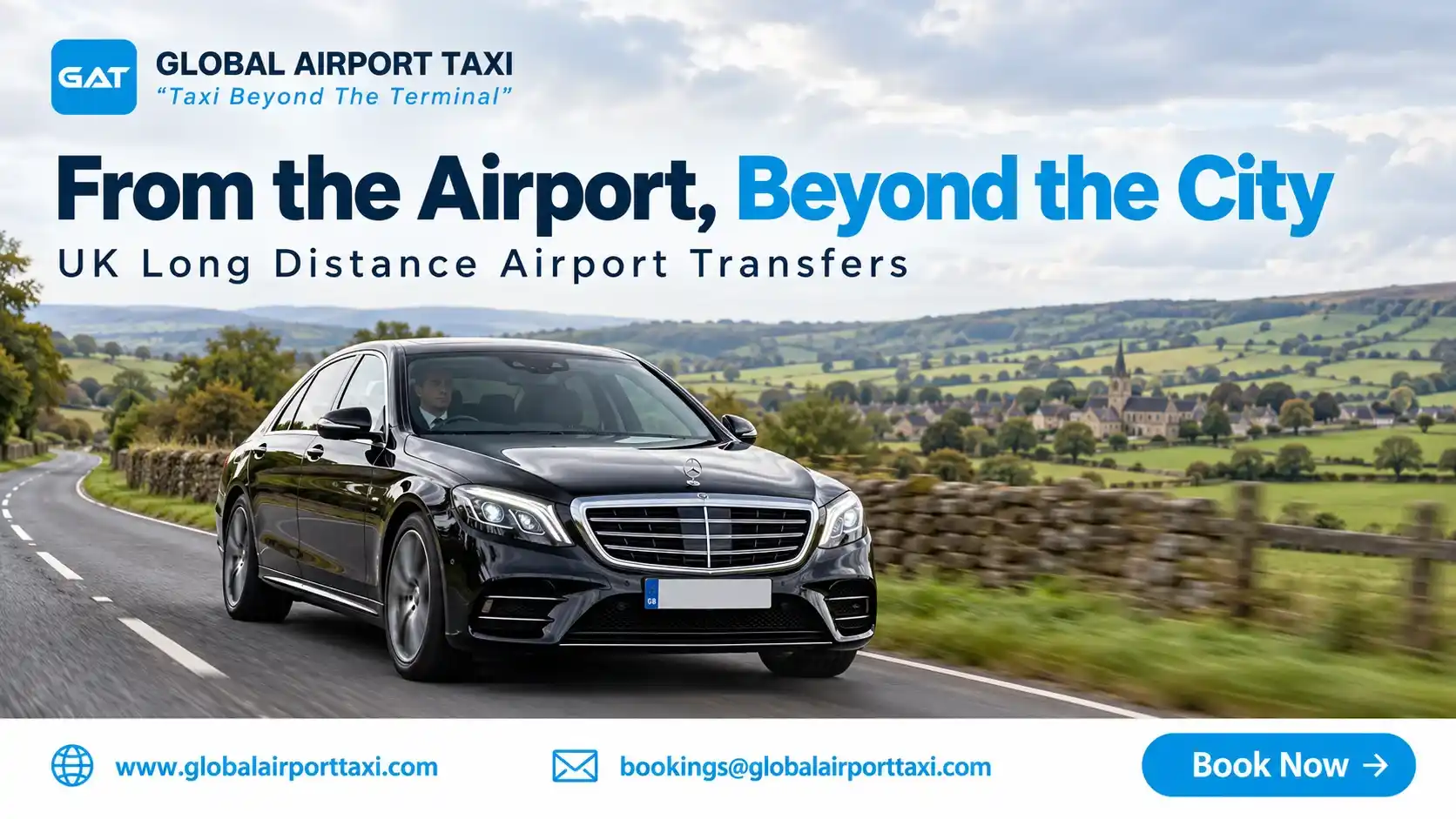 An executive airport taxi travelling through the British countryside