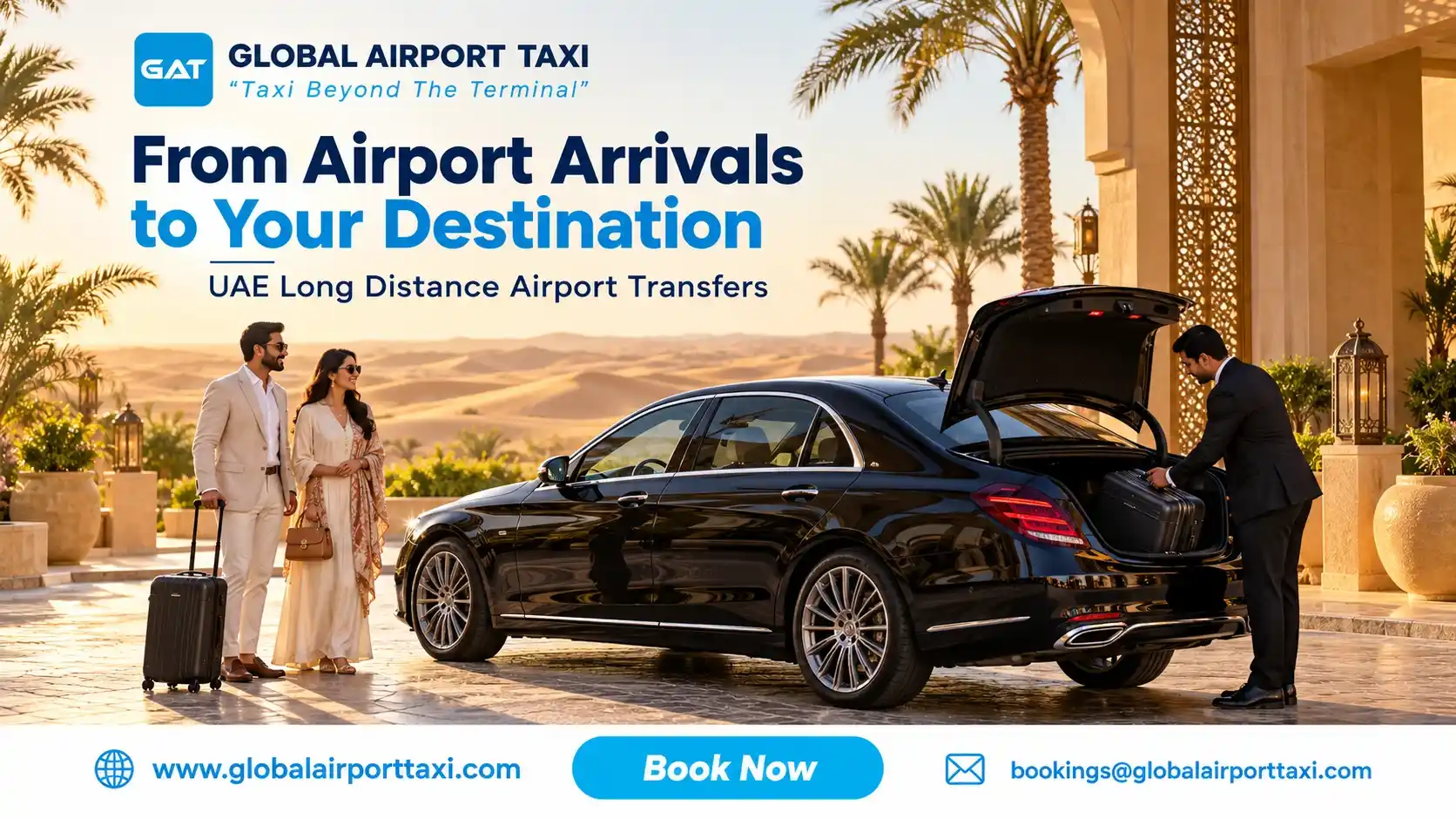 A luxury airport transfer vehicle on a desert road in the United Arab Emirates