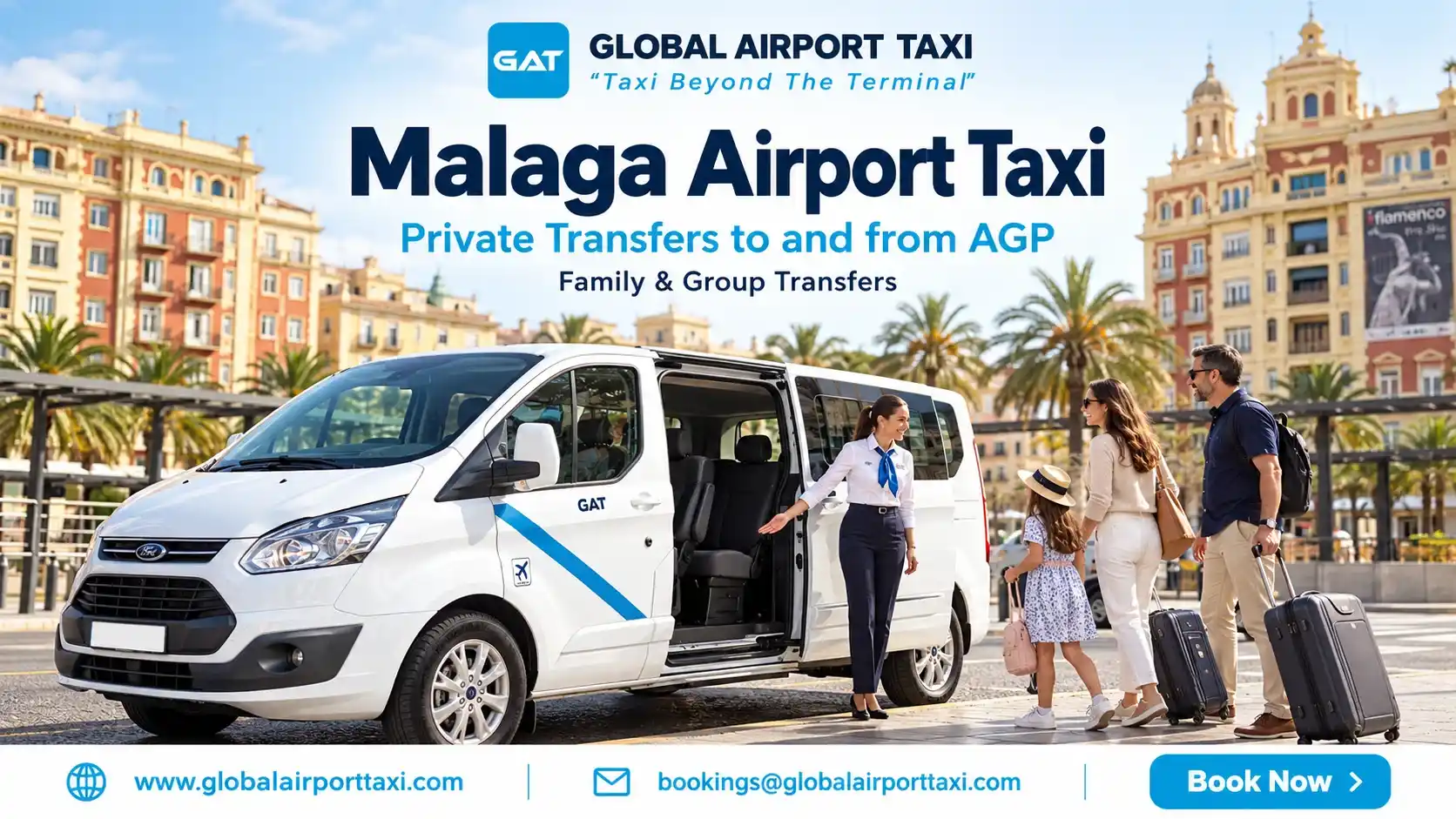 A family and their holiday luggage loading into a private transfer vehicle after landing at Málaga Airport