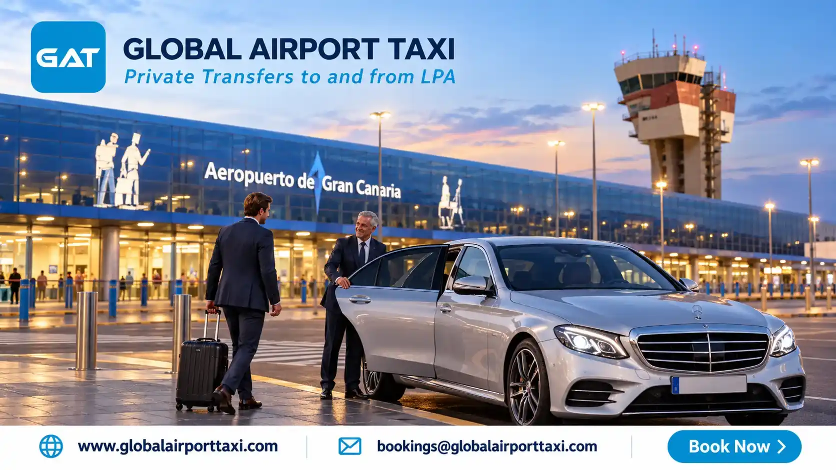 A Gran Canaria airport taxi waiting at dusk outside the arrivals building