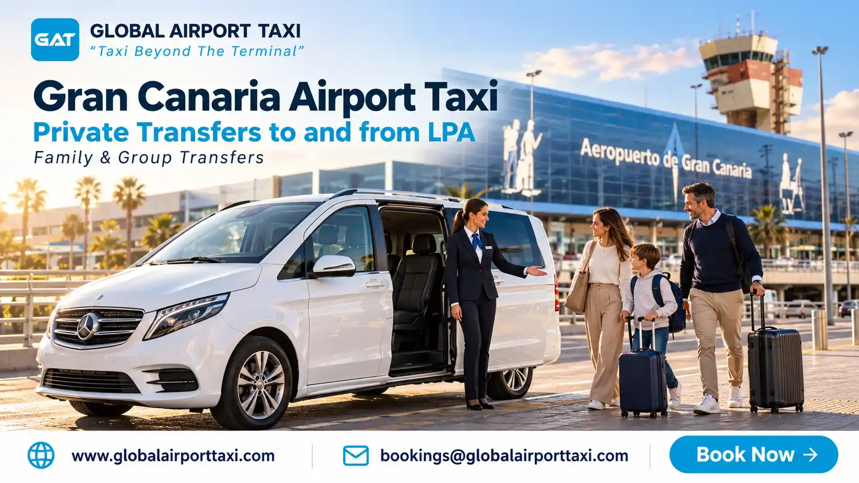 A family and their holiday luggage loading into a private transfer vehicle at Gran Canaria Airport