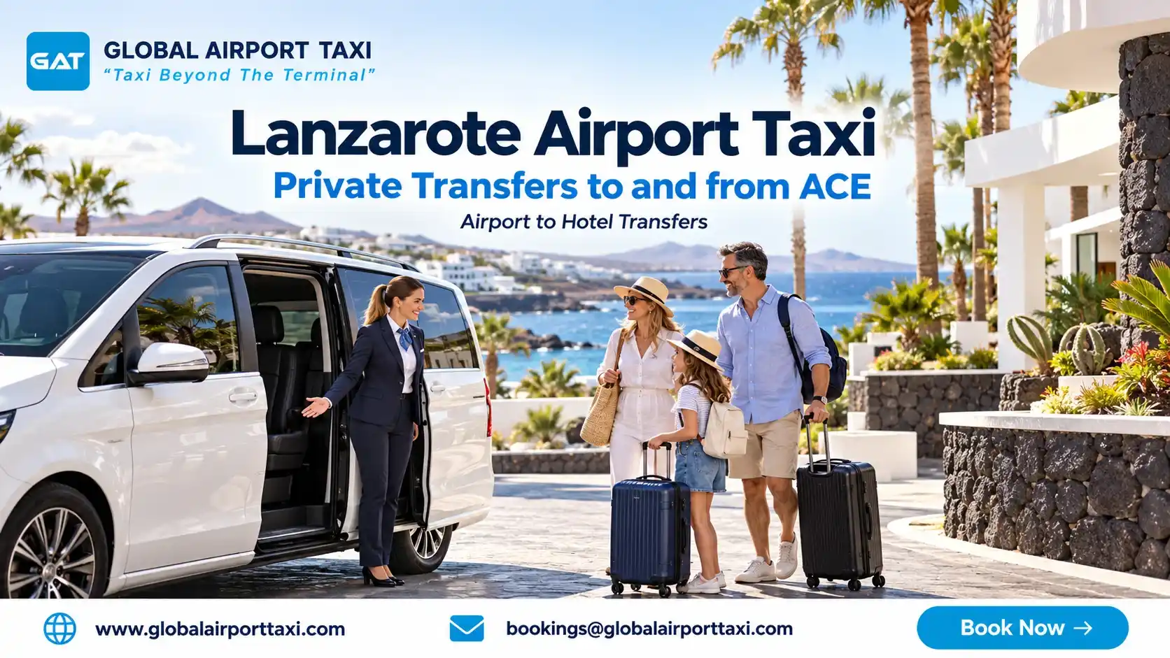 Family and their holiday luggage loading into a private transfer vehicle on Lanzarote